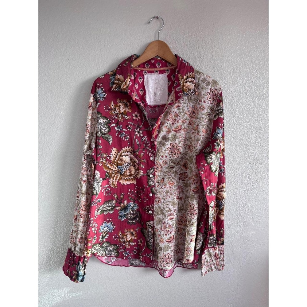 Cino Mixed Floral Patchwork Cotton Tunic Button Down Shirt Blouse XXL Boho Folk - Picture 2 of 13